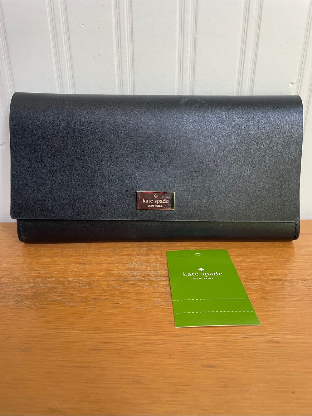kate spade Black Leather Foldover Clutch Wallet with Gold Logo
